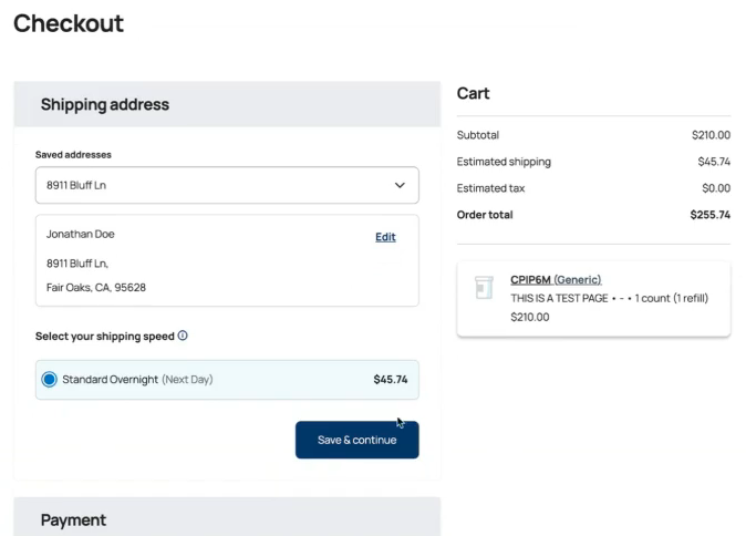 Insulin shipping and payment screen
